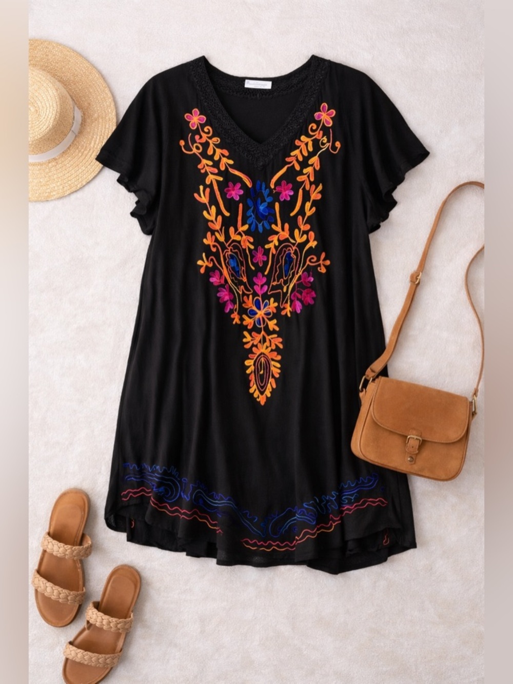 Exist Black Embroidered Dress Boho Beachy Tunic Shift Size Large